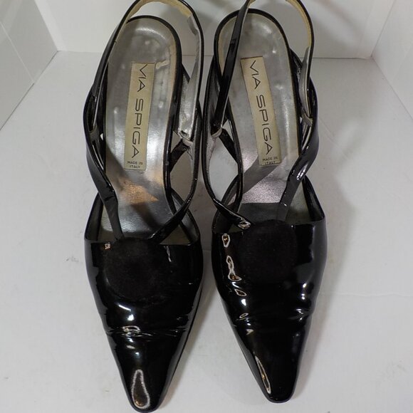 VIA SPIGA, Black Patent Leather, Sling Back Pumps with Suede Button Accent - Picture 6 of 11
